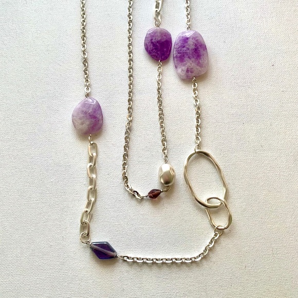 Laura Ashley Chunky Amethyst/Silver Toned Statement Necklace - Picture 3 of 4